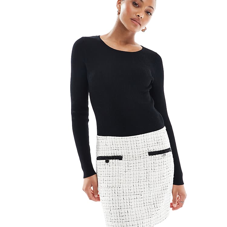 Morgan Women's Chic Long Sleeve Tweed Mini A-Line Dress with Contrast Pockets